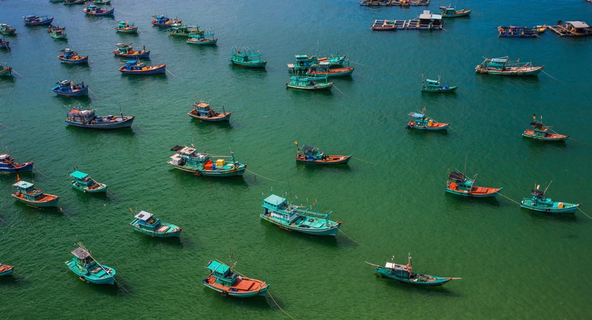 Aerial view of turquoise water and the Phu Quoc coastline